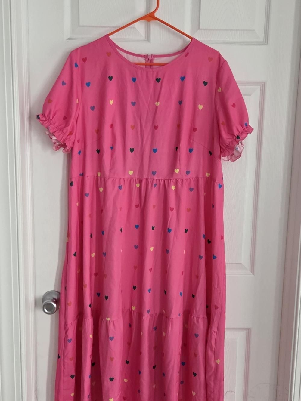 SHEIN Hot Pink Heart-Print Tiered Maxi Dress